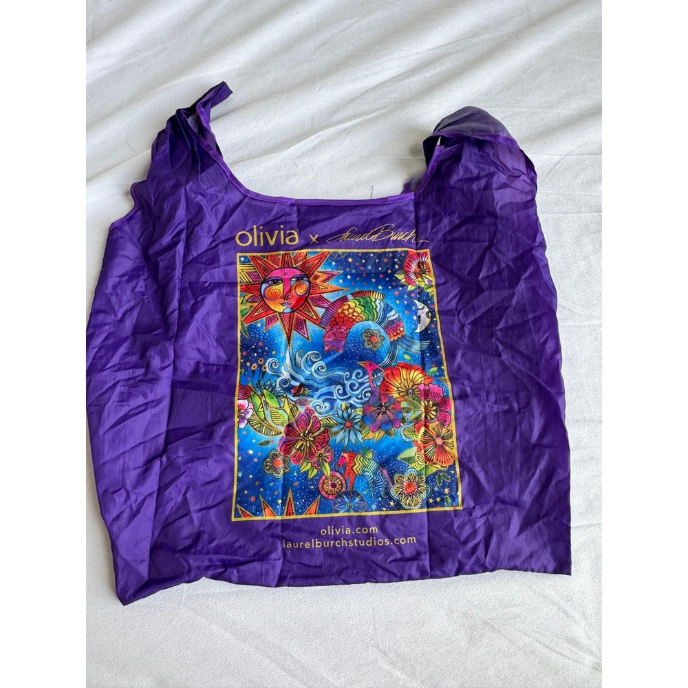 Olivia x Laurel Burch Reusable Tote Bag Purple Celestial Sun Fish Art Foldable - Picture 2 of 6